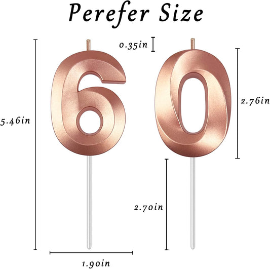 Rose Gold Number 60 Candles, 3D Diamond 2.76 Inch Cake Topper Birthday Candles for Wedding Anniversary Cake Decorations, Happy Birthday Party Decorations