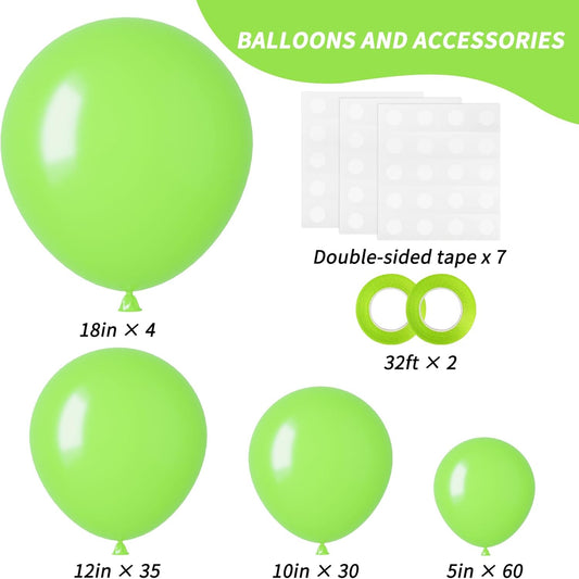 RUBFAC Lime Green Balloons 129pcs Light Fruit Neon Green Latex Balloon 18 12 10 5 Inch Garland Arch Kit for Birthday Party Dinosaur Jungle Baby Shower Decoration