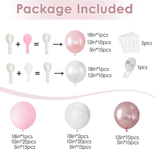Pink and White Balloons Arch Kit, Double Stuffed Pastel Pink Balloon Garland Include Light Pearl Pink White and Metallic Pink Balloons for Coquette Wedding Birthday Party Bridal Shower Decorations