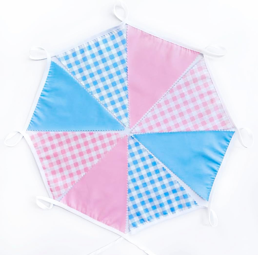 32Ft Pink Blue Gingham Party Decorations Blue Pink Gingham Fabric Triangle Banner Flag Plaid Pennant Garland Streamer for Gender Reveal Birthday Boy or Girl Baby Shower He or She Party Decor Supplies