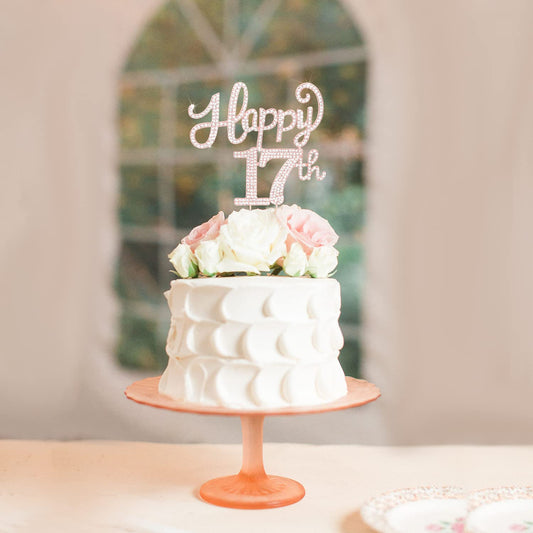 LASKYER Happy 17th Birthday Rose Gold Rhinestone Cake Topper - 17th Birthday/Anniversary,Cheers to Seventeen Years Old Bday Party Metal Sparkly Centerpieces Decorations.