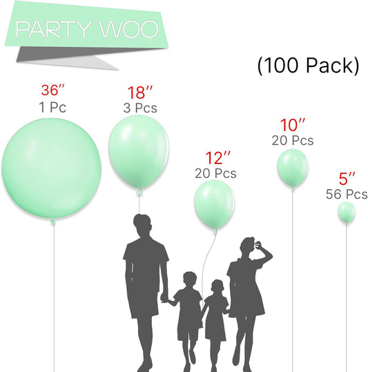 PartyWoo Mint Green Balloons 100 pcs Different Sizes Pack of 36 18 12 10 5 Inch Pastel Light Green Peppermint Balloon Arch Kit Garland for Graduation Baby Shower Birthday Party Decorations Green-Q06