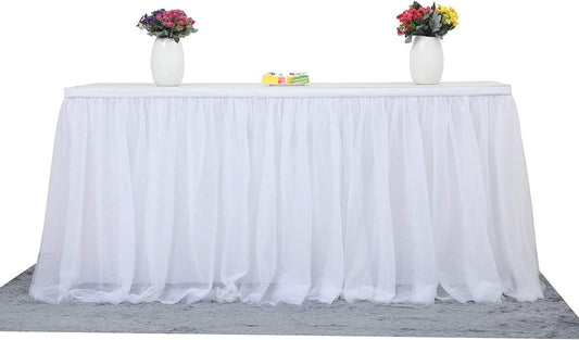 Suppromo 14ft White Tulle Table Skirt Tutu Table Skirt Tablecloth Decorations for Rectangle or Round Tables for Birthday Party Baby Shower Wedding Buffet Banquet Decoration(L14(ft)*H 30in)