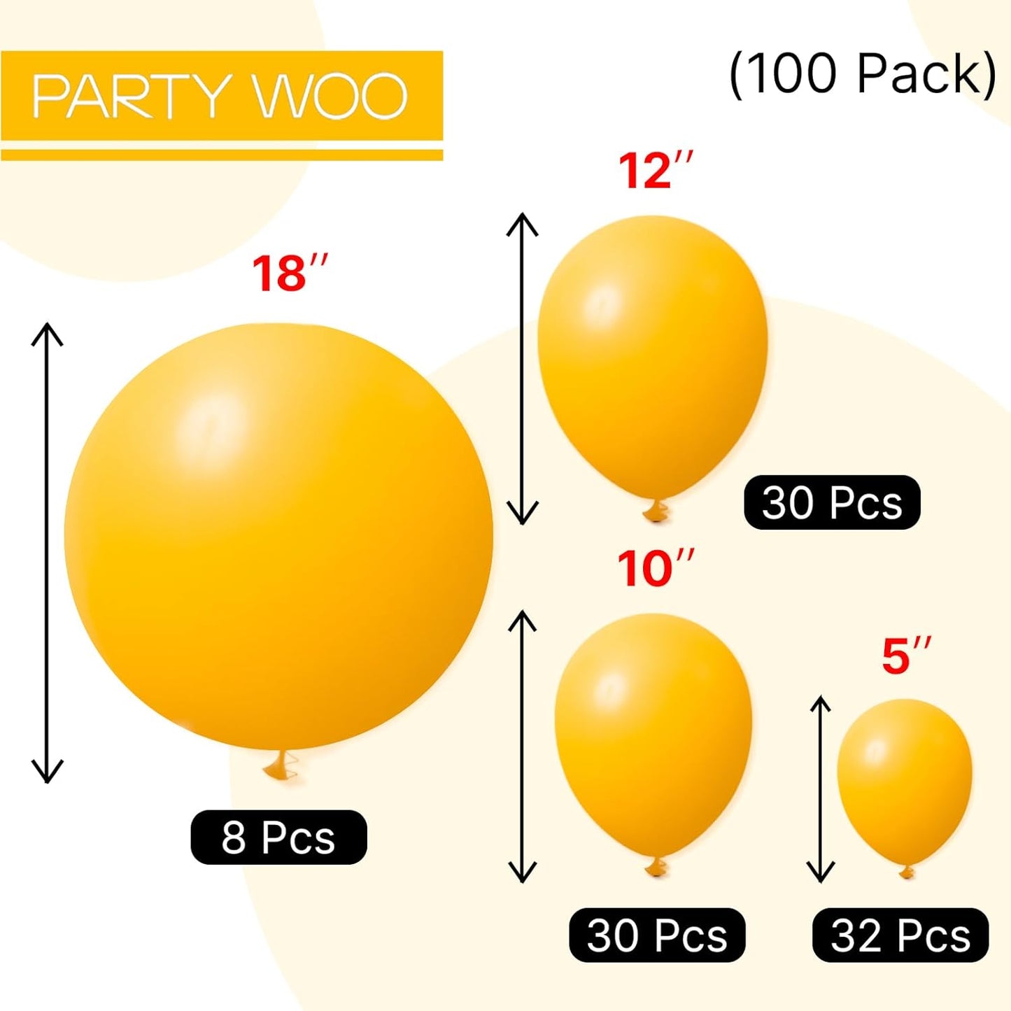 PartyWoo Mustard Yellow Balloons 100pcs Different Sizes of 18 12 10 5 Inch Yellow Fall Balloon Arch Kit for Birthday Engagement Baby Shower Bee Sunflower Little Cutie Party Decorations Yellow-Y10