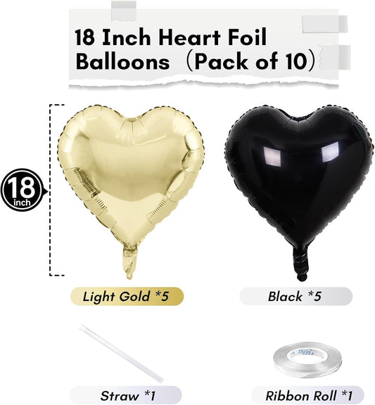 Black Gold Foil Heart Balloons, 18 Inch 10 Pcs Light Gold and Black Heart Shape Mylar Balloons Pastel Yellow and Black Heart Balloons for Birthday Graduation Valentines Baby Party Anniversary