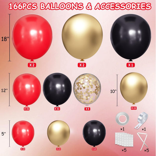 Red Black Gold Balloons Arch Kit with Gold Confetti, 166Pcs Red Gold Black Balloons Garland for Birthday Wedding Anniversary Movie Casino Night Hollywood New Years Festival Decorations