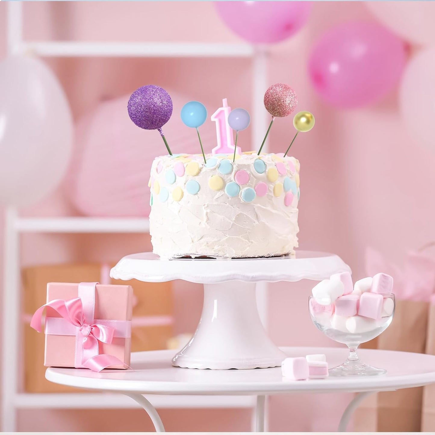 ASTARON 50 Pcs Ball Cake Topper Sticks Mini Balloons for Cake Decorating Supplies Foam Balls Cake decorations for Party Cake Birthday Cake Toppers Decorations (Pink,Purple,Blue)