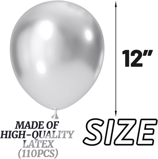 110pcs Metallic silver Balloons, Metallic silver Latex Balloons 12 inch, silver Balloon for Birthday Party Baby Shower Wedding(with 2 Ribbons).
