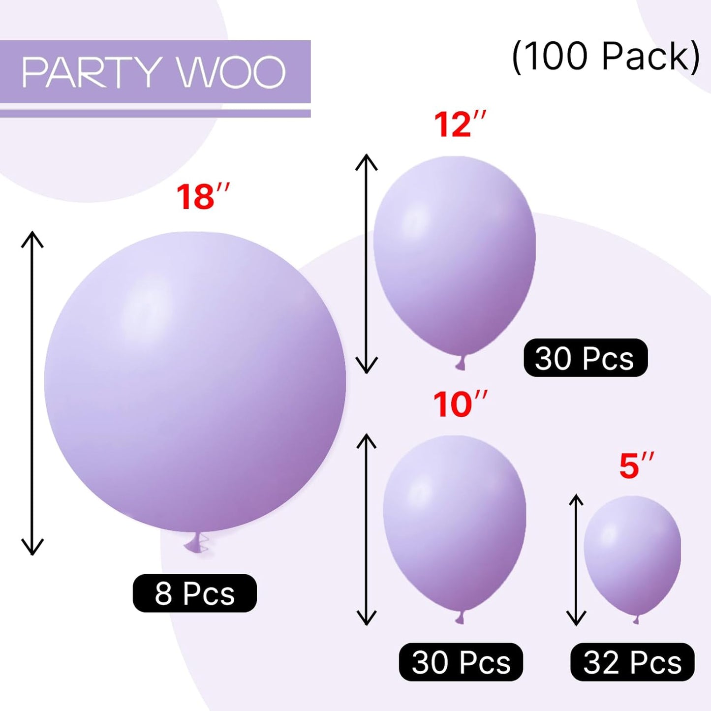 PartyWoo Pastel Purple Balloons 100 pcs Different Sizes Pack of 18 12 10 5 Inch Light Pastel Purple Lavender Lilac Balloon Arch Kit Garland for Baby Shower Birthday Party Decorations Purple-Q10