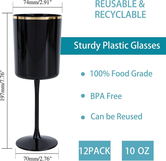 Ciaell 12 Pack 10 OZ Black Plastic Wine Glasses with Stem - Black and Gold Disposable Wine Glasses Perfect for Parties & Weddings & Toasting & Outdoors & Camping & New Year