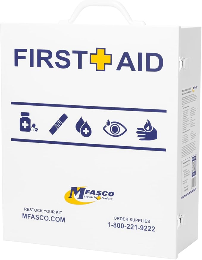 MFASCO OSHA/ANSI 2021 Class B Compliant First Aid Cabinet - Large 3-Shelf Wall Mount Kit for Office, Commercial Businesses - Complete Metal First Aid Box with Supplies - No Medications