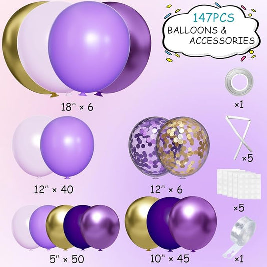 MEBAY Purple Black and Gold Balloon Arch Kit, 147PCS Latex Balloons Different Sizes 18 12 10 5 inch for Baby Shower Girl Princess Birthday Wedding Engagements Anniversary Party Decoration