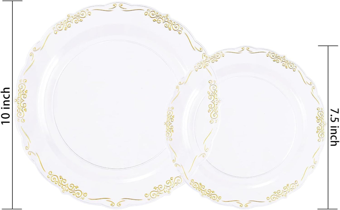 U-QE 100PCS Clear Gold Plastic Plates - Disposable Heavy Duty Clear Plates with Gold Rim Including 50PCS 10'' & 50PCS 7.5'' Perfect for Party, Weddings