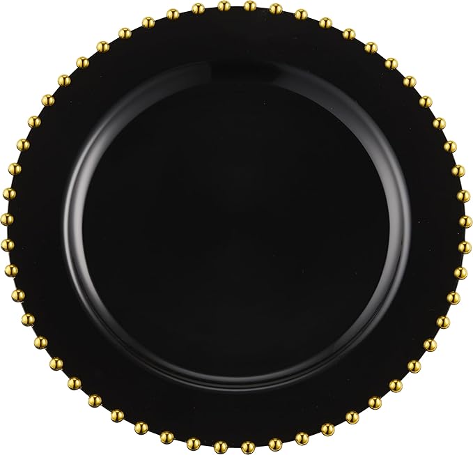 PLASTICPRO 32 Piece Combo Plastic Dinner Plates Disposable Plastic Fancy Heavy Duty Party Dishes 7 inch and 10 inch, Black and Gold Beaded