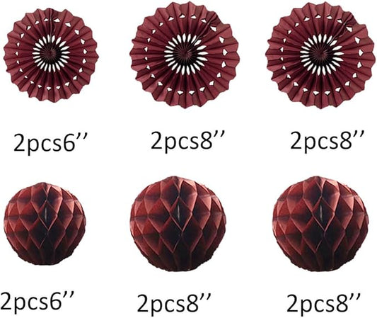 12pcs 6’’ 8’’ Honeycomb Balls Tissue Paper Fans Party Honeycomb Ball Fans Wall Tissue Pom Poms Flower Balls Hanging Paper Fans for Party Baby Shower Birthday Wedding Nursery Wall Decor(Burgundy kit)