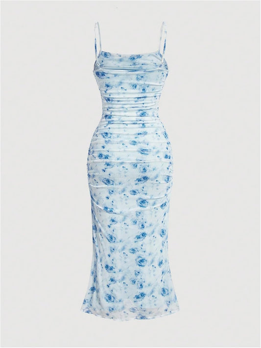 GORGLITTER Women's Floral Ruched Bodycon Midi Dress Mesh Sleeveless Fishtail Cami Dresses