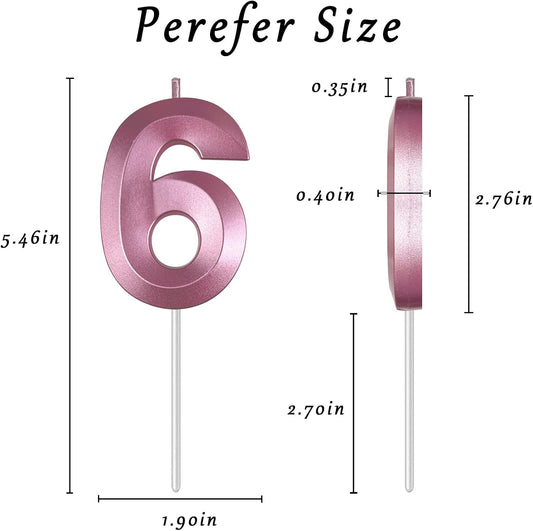 Pink Number 6 Candles, 3D Diamond 2.76 Inch Cake Topper Birthday Candles for Wedding Anniversary Cake Decorations, Happy Birthday Party Decorations