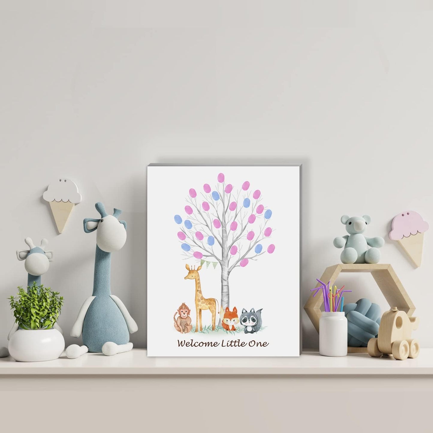 Theme Baby Gender Reveal Fingerprint Tree with Safari Animals, Boy and Girl Gender Guess Game Thumbprint Guest Book Ideas, Woodland Baby Shower Activity Decorations