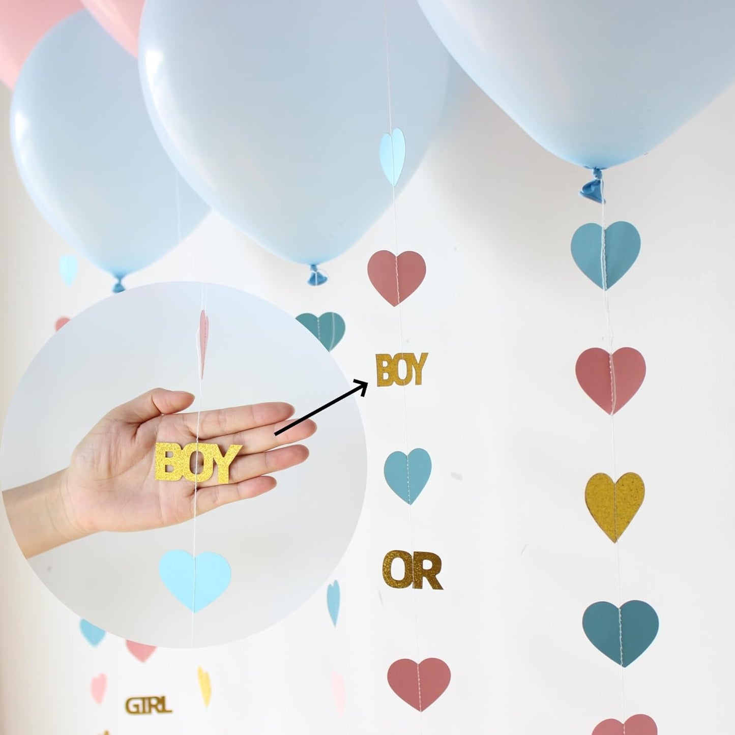 Boy or Girl Gender Reveal Decorations 6PC Pink Blue Balloon Tails with Heart Streamer Garland for Baby Shower Decorations