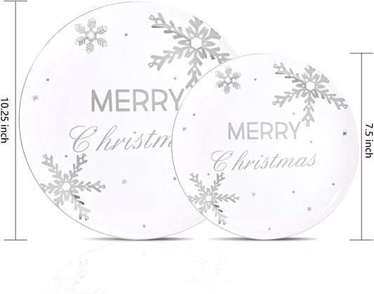 WDF 50Pieces Christmas Silver Plastic Plates- Snowflake Plastic Plates-Heavyweight White and Silver Disposable Plates for Christmas