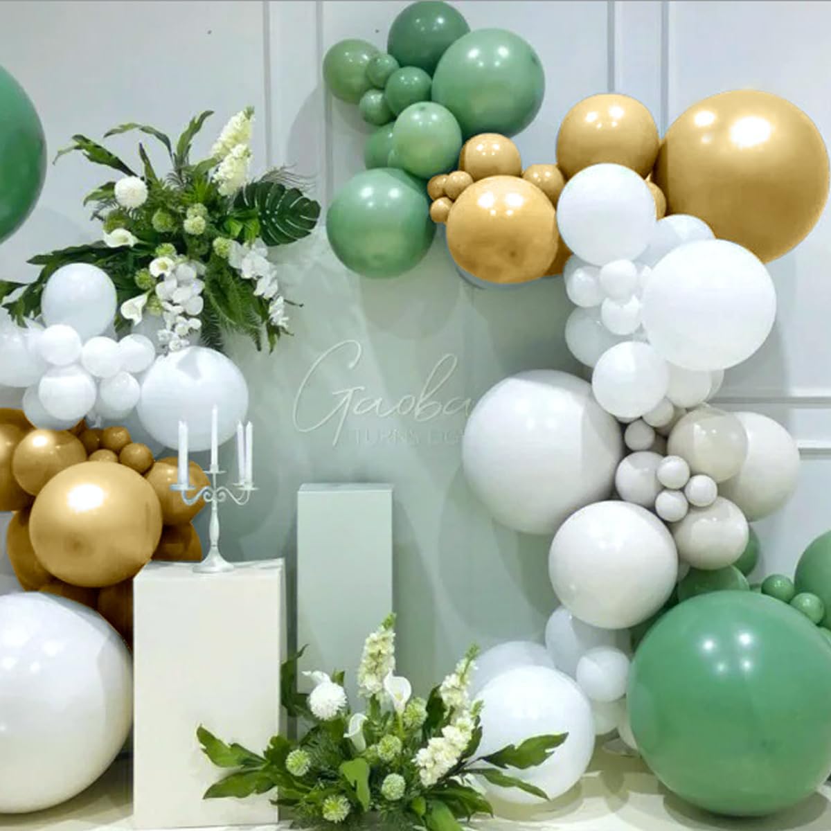 Green White Gold Balloon Arch Kit, 146Pcs Avocado Green Metallic Chrome Gold Confetti and White Latex Balloons for Wedding Birthday Baby Shower Decoration