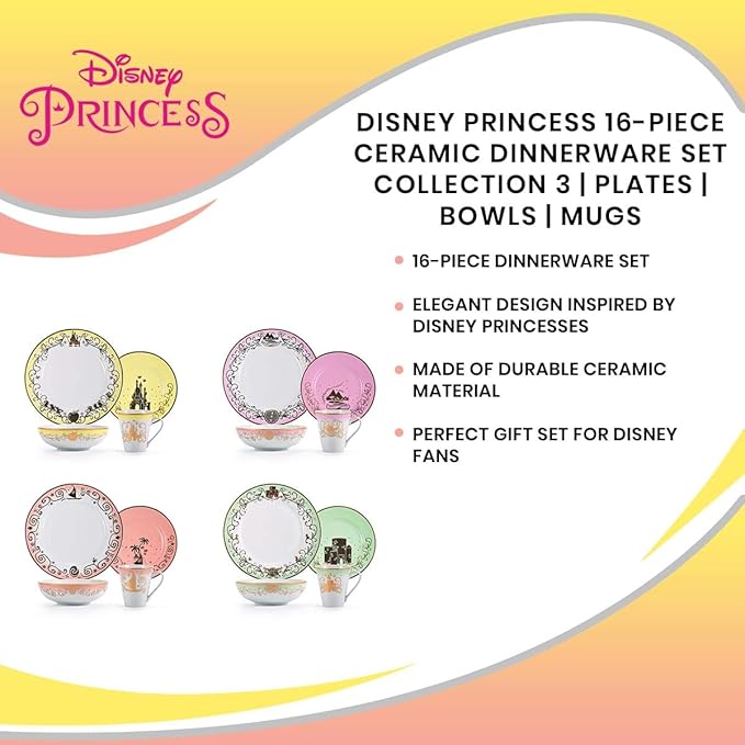 Disney Princess 16-Piece Ceramic Dinnerware Set | Merida, Pocahontas, Moana, Snow White | Home Kitchen Essentials For Dining Room | Includes Dinner Plates, Soup Bowls, Mugs | Place Setting For 4