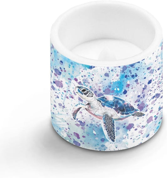 Poceacles Battery Operated LED Candles Set of 4 Remote and Timer Flameless Votive Candles, Multi-Color Flickering Tea Light for Home Parties Holidays Decor, Watercolor Sea Turtle Violet Blue