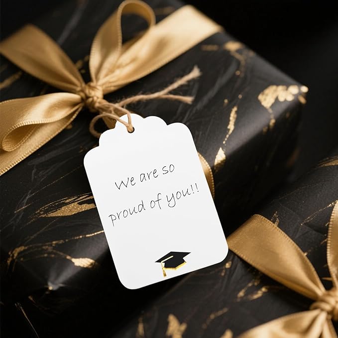 ASYEHJNR 100Pcs Blank Gift Tags with String Foil Black Gold Grad Cap Large Paper Gift Tags with 65 Ft Jute Twine for Congratulations Graduation Congrats Grad Class of 2025 Party