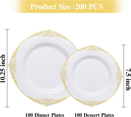 200 PCS White and Gold Plastic Plates for 100 Guests, Gold Disposable Plates Include 100 PCS Dinner Plates, 100 PCS Dessert Plates for Party, Wedding and Graduation