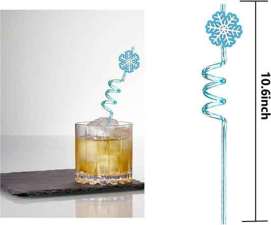 24 PCS Frozen Plastic Straws for Birthday Party Supplies Snowflake Shape Drinking Straws with 2 PCS Cleaning Brushes (Frozen Blue)