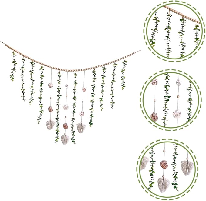 Wooden Bead Wall Garland Artificial Eucalyptus Leaves Rustic Home Decor for Bedroom and Weddings 1 Piece
