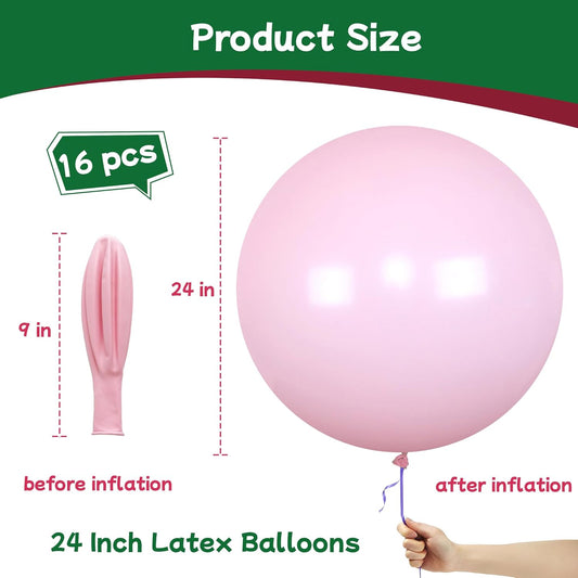 AZOWA 24 Inch Pink Balloons 16-Count Large Latex Round Balloons for Party Wedding Birthday Baby Shower Decoration (Pink, 16 Pcs)