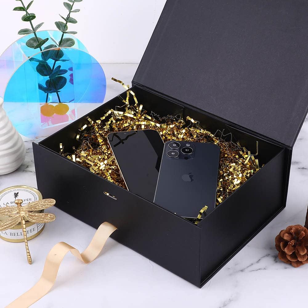 Black Gift Boxes with Lids 10x7.3x3.5 Inches, Decorative Gift Boxes with Ribbons, Black Boxes with Lid Magnetic Closure, Groomsman Boxes (Matte Black)