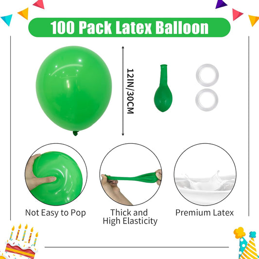 Green Balloons - 12 inch 100pcs Latex - Round Green Birthday Balloons with 2 Ribbons for Birthday, Dinosaur, Jungle, Christmas, Baby Shower Party Decorations