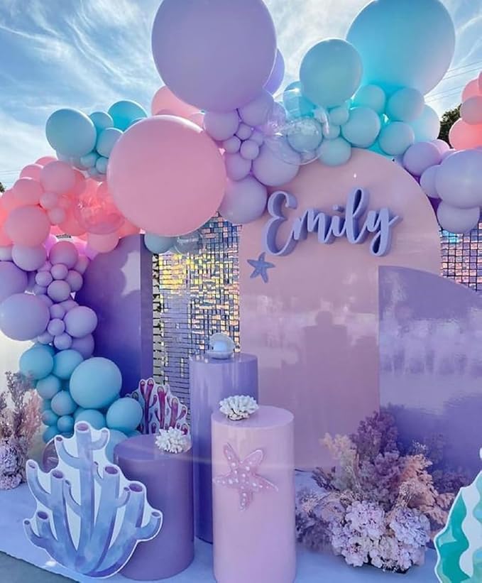 Mermaid Party Balloons, Mermaid Purple Pink Teal Balloon with conch shell starfish Print Balloons Mermaid Confetti Balloon for Under the Sea Theme Birthday Kids Girls Princess Party Supplies