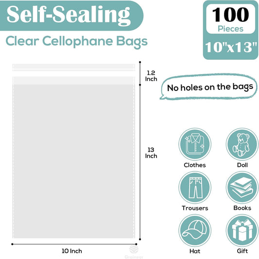 10x13" Clear Self-Sealing Cellophane Bags – Resealable Multipurpose Bags for Clothes, Books, Documents, Plush Toys & Party Favors (Pack of 100)