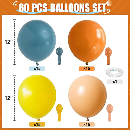 Retro Blue Yellow and Orange Balloons, 60PCS 12 Inch Slate Blue Burnt Orange Mustard Yellow Balloons for Here Comes the Son Baby Shower Kids Birthday Party Boho Party Decorations