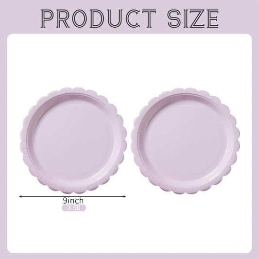 BEFORYOU 50PCS Scalloped Disposable Paper Plates Dessert Cake Party Plates for Baby Shower, Wedding,Bridal Shower Birthday Party Supplies (Purple, 9IN)