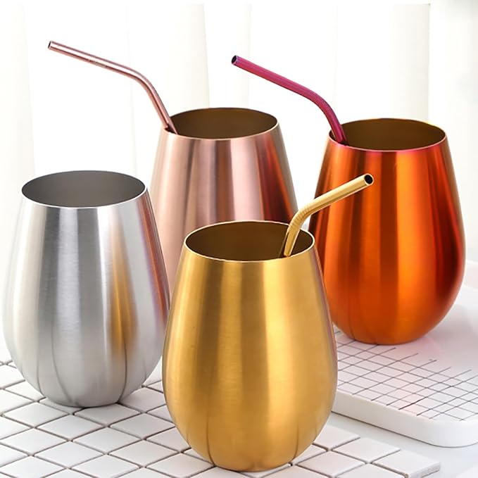 Buyer Star 304 Stainless Steel Wine Glasses Set of 2 - Large 17 oz Outdoor Stemless Wine Tumblers - 100% Unbreakable & Stemless Metal Drinking Cups for Home and Outdoors Dishwasher safe (Orange Red)