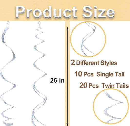 30 pcs Silver Hanging Swirls Decorations Swirl Party Decorations Plastic Party Streamer for Ceiling, 26"