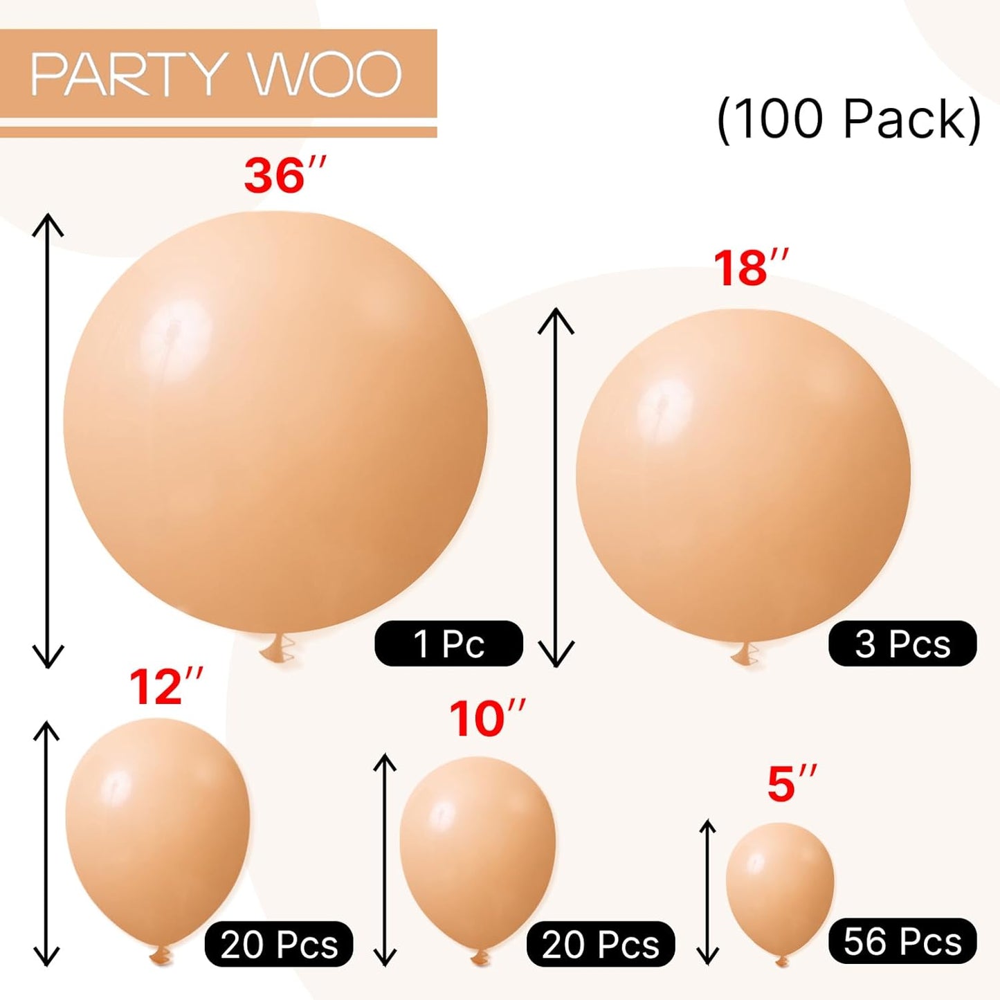 PartyWoo Nude Balloons 100 pcs Different Sizes Pack of 36 18 12 10 5 Inch Beige Apricot Balloon Arch Kit Garland for Thanksgiving Graduation Baby Shower Boho Theme Birthday Party Decorations Nude-Y103