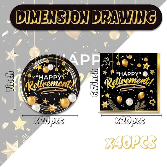 40pcs Retirement Party Tableware Set Happy Retirement Supplies Black and Golden Retirement Party Dessert Plates Napkins for 20 Guests Retirement Party Favors