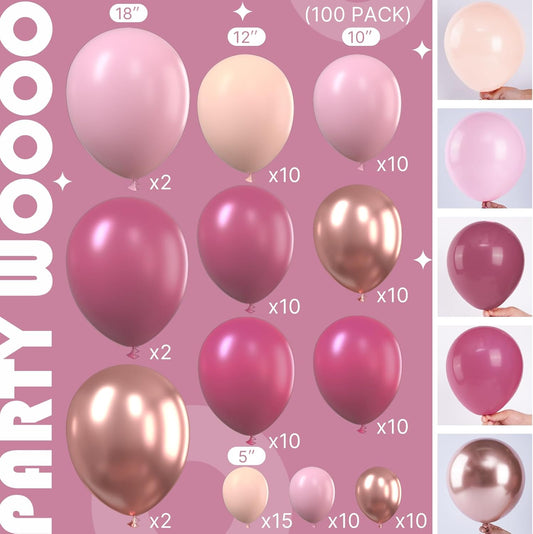PartyWoo Dusty Pink Balloon Arch Kit Garland 100 pcs Shades of Pink and Dusty Rose Balloons Different Sizes of 18 12 10 5 Inch for Valentine's Day Bridal Shower Wedding Anniversary Party Decorations