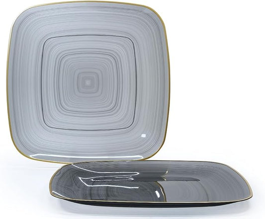 " OCCASIONS " 240 Pieces Pack,(120 Guests) Premium Wedding Party Disposable Plastic Plates Set -120 x 10'' Dinner + 120 x 7'' Salad/Dessert (Belize Square in Black & Gold)