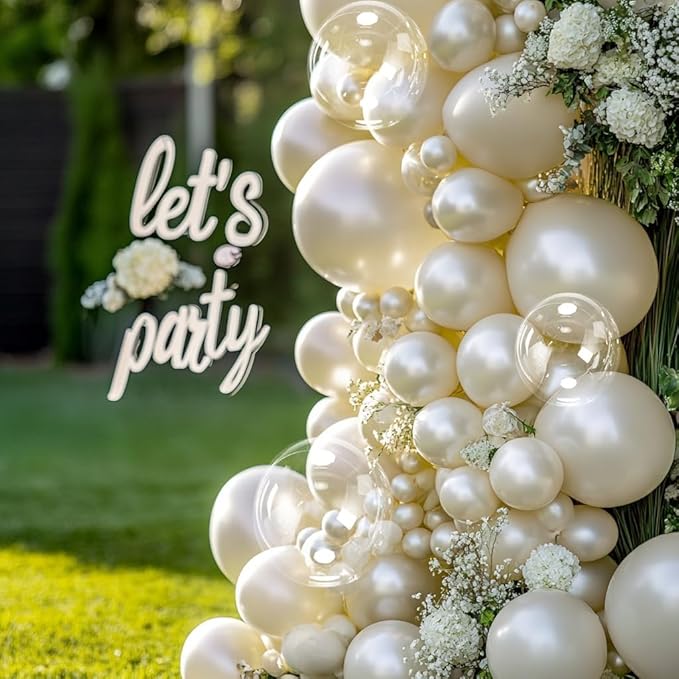 Pearl Sand White Balloon Arch Double Stuffed White Ivory Cream Beige Balloon Garland Kit Different Sizes 12/10/5in With Clear Bobo Balloons for Birthday Wedding Bridal Baby Shower Baptism Party Decor
