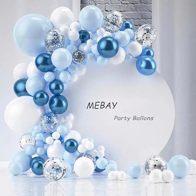 MEBAY Blue Balloons Garland Arch Kit, 147 Pcs Metallic Macaron Light Blue and Confetti Silver Balloons for Baby Shower Birthday Wedding Ocean Themed Party Background Decoration