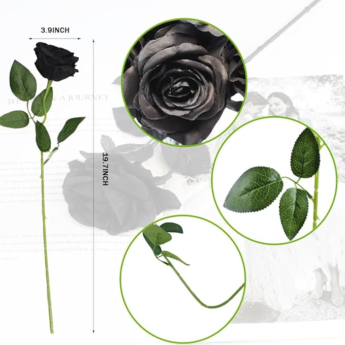 Black Artificial Roses Flowers, 12 Pcs Fake Rose in Bulk, Long Stem Realistic Silk Roses Bouquet for Centerpieces Flower Arrangement, Halloween Home Decor, Gothic Decoration (Black, 12-PCS)