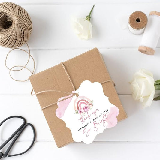 Andaz Press Fancy Frame Kids Party Favor Thank You Tags with String, 48-Pack Floral Rainbow Birthday Gift Tags for Gift Bags, Favor Bags, Goody Bags, Girls Boho Birthday, 1st Birthday Party Favors