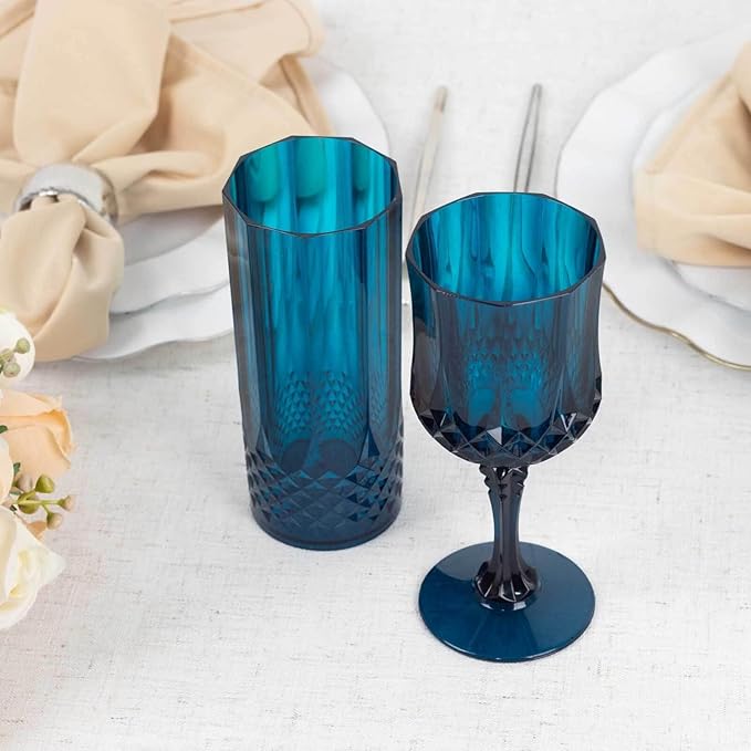 Efavormart 6-Pack Plastic Wine Glasses 8oz, Navy Blue - Crystal Cut Shatterproof Cocktail Goblets Drinking Glasses
