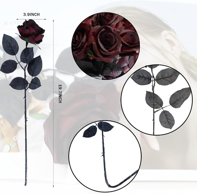 Artificial Roses Flowers, 12 Pcs Fake Burgundy Rose in Bulk, Long Stem Realistic Silk Roses Bouquet for Halloween Decoration, Fall Home Decor, Centerpieces, Flower Arrangement (Burgundy, 12-PCS)